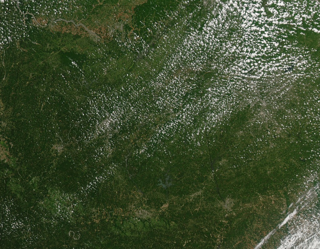 The tornado of April 27, 2011 hit Smithville, Mississippi, where it killed at least 14 people, and moved northeast nearly 3 miles toward the Alabama border. This NASA MODIS image shows the path of exposed ground left in the tornado’s wake. The trail left by the EF5 tornado in Mississippi is much shorter than a similar trail that cuts across northwestern Alabama. Credit: NASA MODIS Rapid Response Team, Jeff Schmaltz